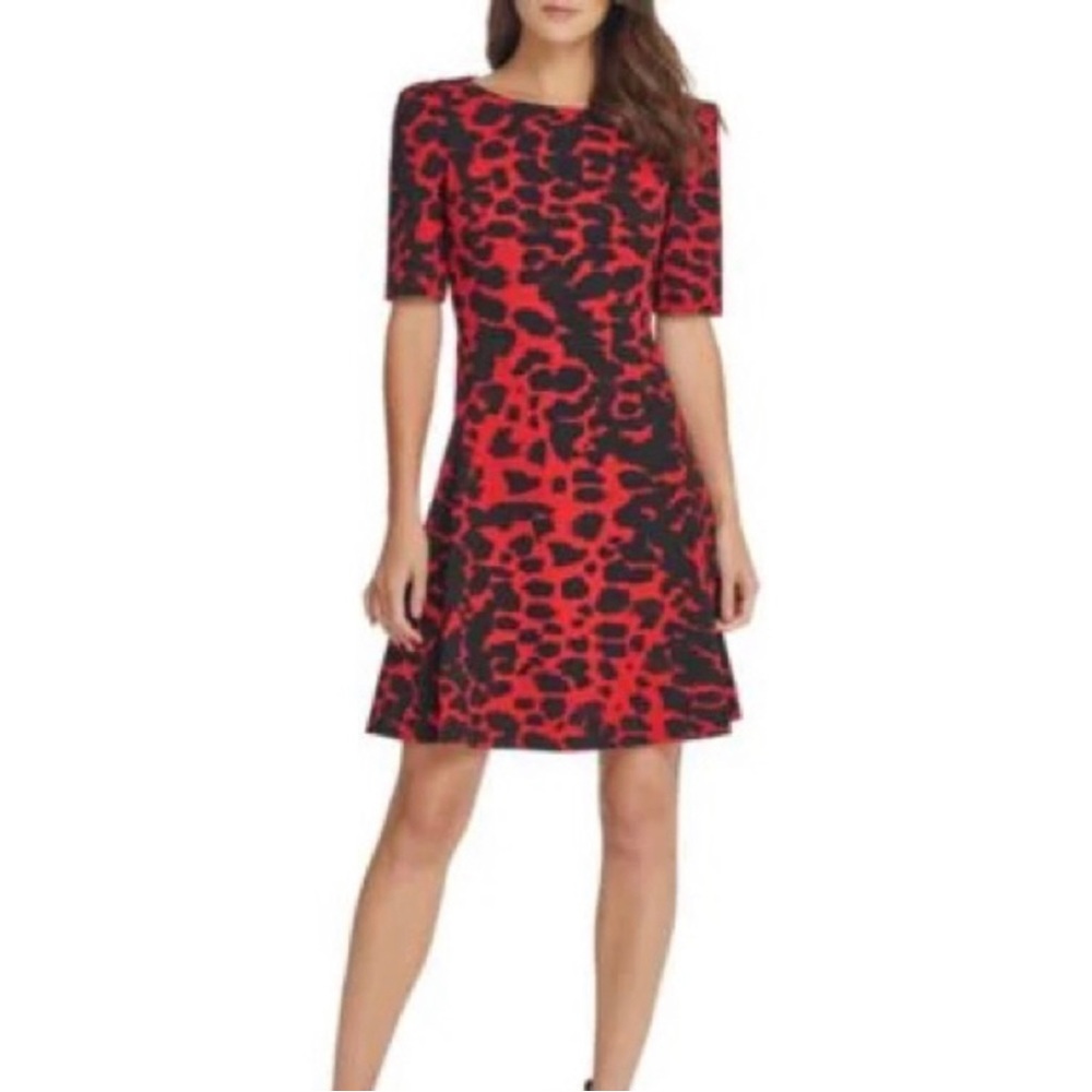 DKNY, red and black, leopard print, above the knee dress. Size 6